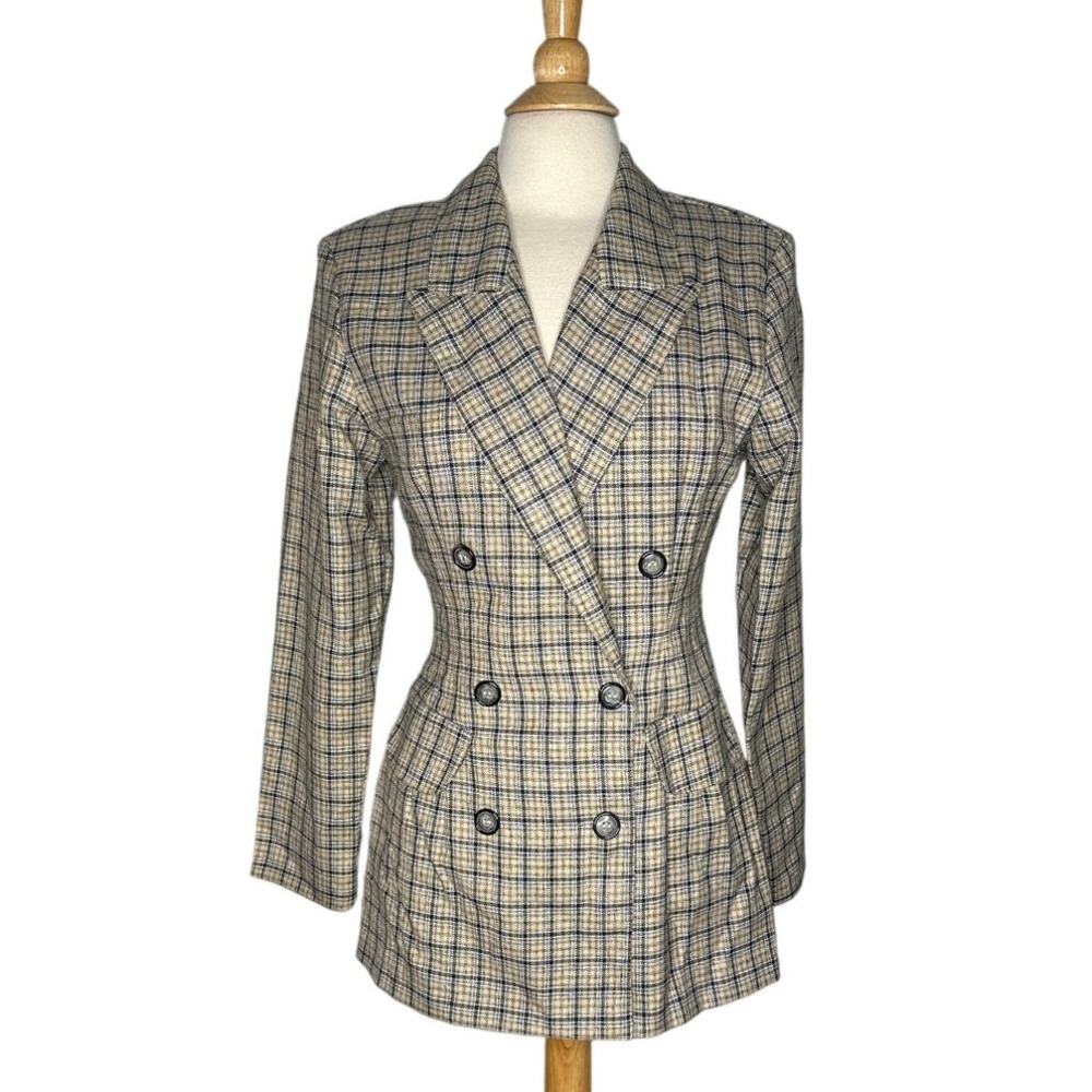 Wrapper Vintage Plaid Fitted Blazer Double Breasted Buttons Neutral Preppy O7